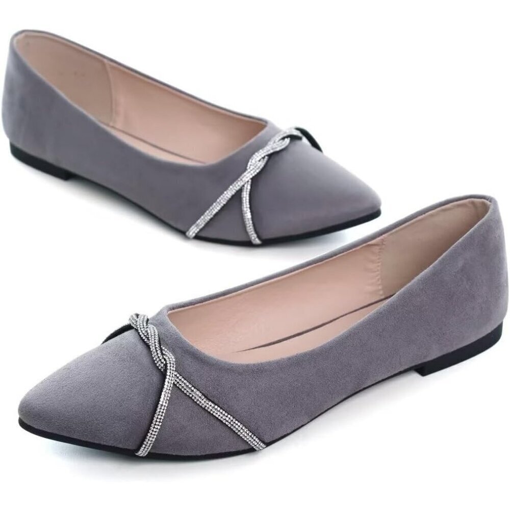 Women's Grey Casual Flats Fashion Chain Pointed Toe Ballet Flat Rhinestone - Picture 6 of 7
